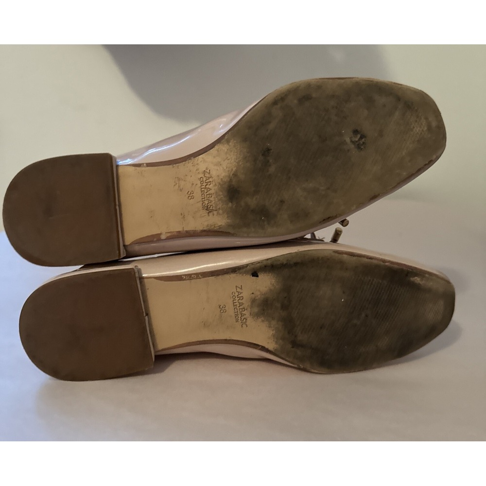 Zara‎ Patent Leather Shoes Loafers Women's 38 Beige Bow Preppy Working Flats - Picture 7 of 8